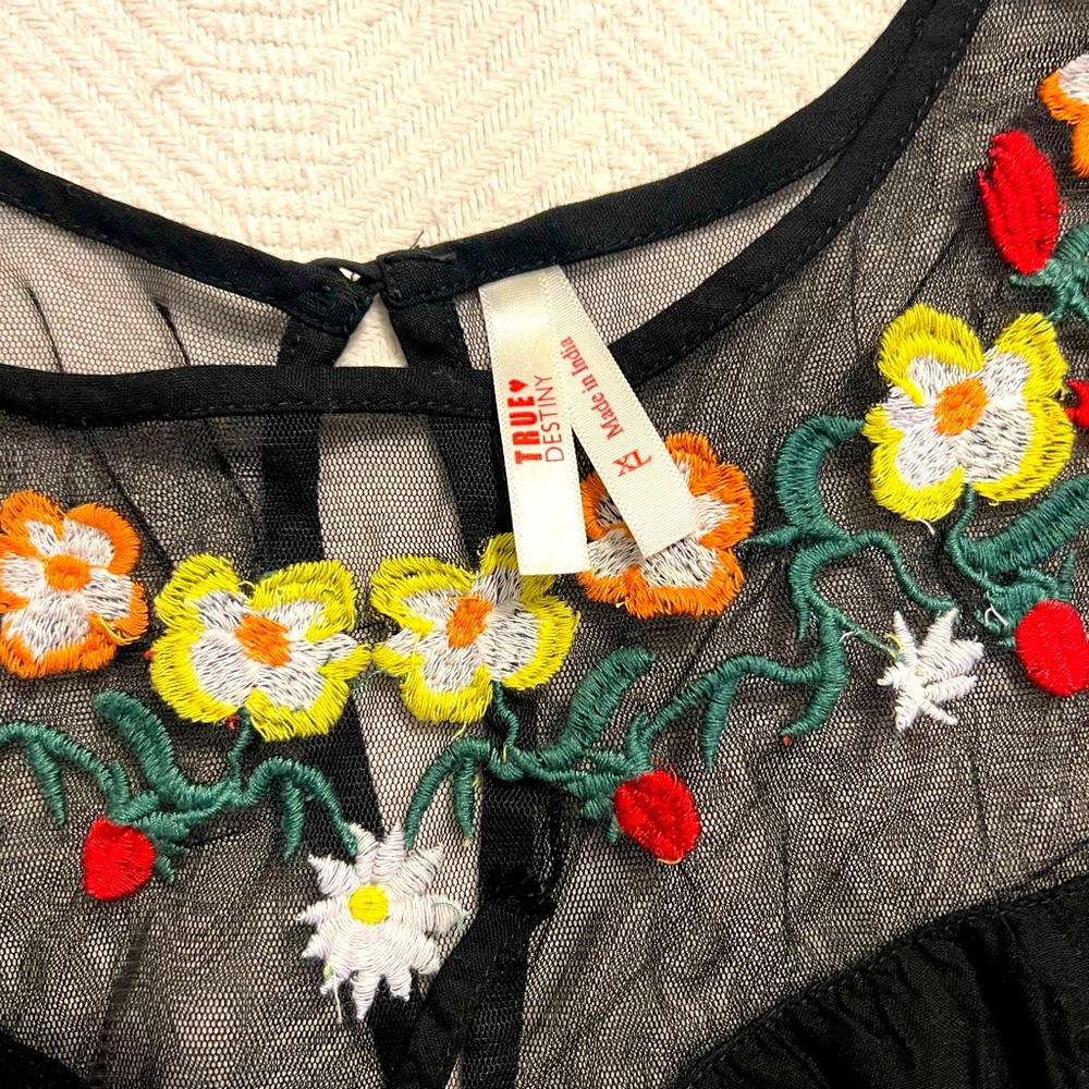 Black sheer on shoulders with flower embroidery dress, says an extra large but L